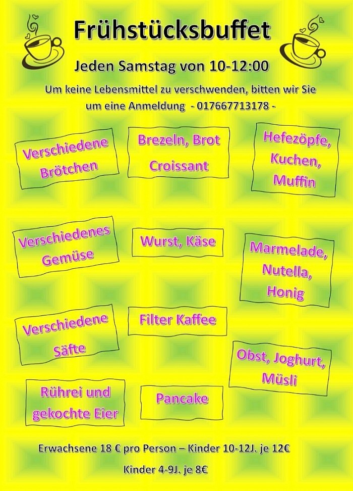 Unser Frühstücksbuffet, meldet euch an, genießt das schöne Wetter mit Vogelgezwitscher. Die Kinder können rum rennen, toben und sie können Kaffee genießen und in ruhe Frühstücken. Zum Schluss noch ein Pancake oder Waffel, ein kleines Eis auf die Hand und schon hat der Tag gemütlich und ohne Stress angefangen.