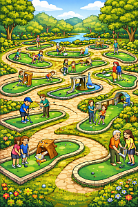 Cartoon-Bild einer Minigolfanlage mit 18 Bahnen und mehreren spielenden Personen.