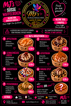 Süße Waffeln, Pistazien, Kinderriegel, Lotus, Bananensplit, Apfel, Schwarzwaldwaffel,Mokka